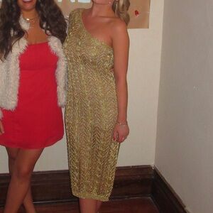 Anthropologie Maeve Gold One-Shoulder Sequin Midi Dress